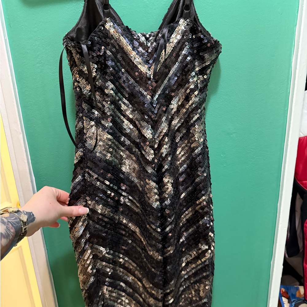 Bebe Black and Silver Sequin Sheath Mini Dress